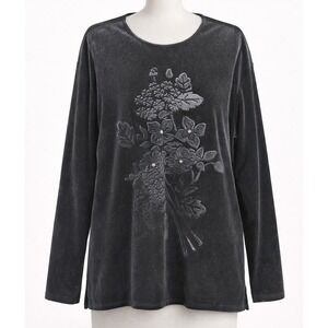 Vtg Diamonds Gray Velvet Floral Embellished Long Sleeve Top L Whimsigothโ Grunge